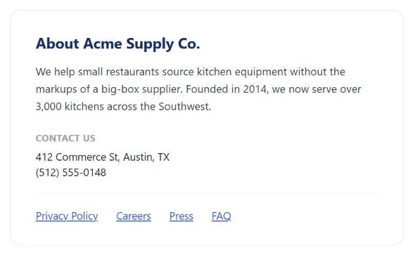 An "About Acme Supply Co." page with a short company-description paragraph, a "Contact Us" section listing a street address and phone number, and a footer row of links reading Privacy Policy, Careers, Press, and FAQ