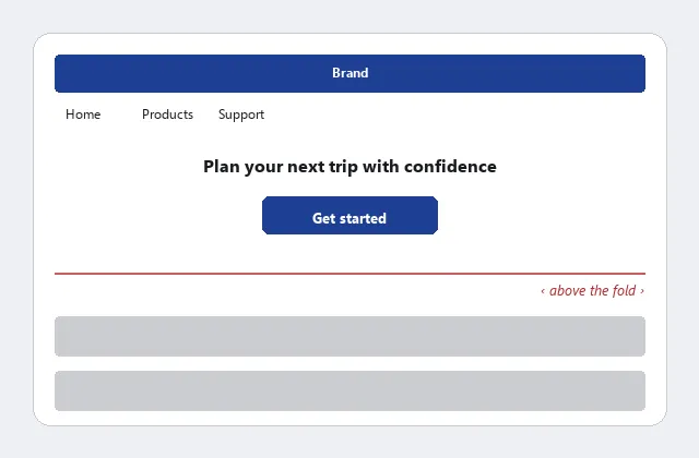 A homepage with header, navigation, headline, and a "Get started" call to action above a marked fold line, and two content blocks below it