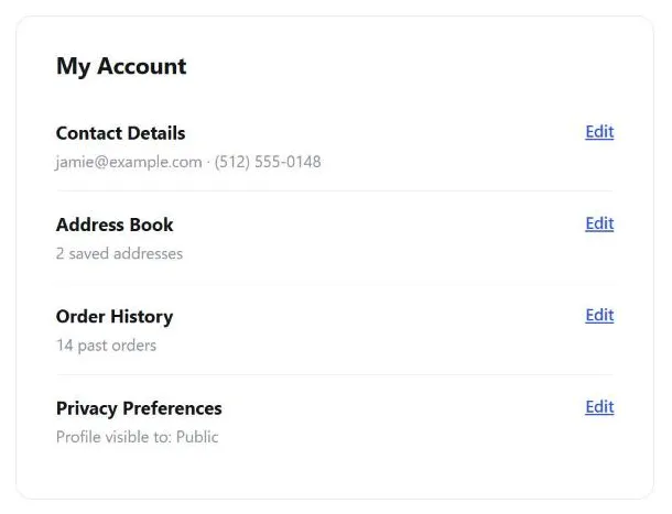 A "My Account" page divided into rows — Contact Details, Address Book, Order History, and Privacy Preferences — each showing a one-line summary and its own Edit link