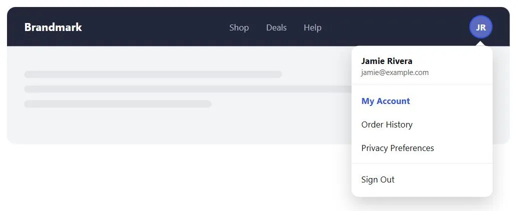 A website header with a circular profile avatar highlighted in the top right; clicking it expands a "My Account" dropdown listing the signed-in customer's name and email, then links to My Account, Order History, Privacy Preferences, and Sign Out