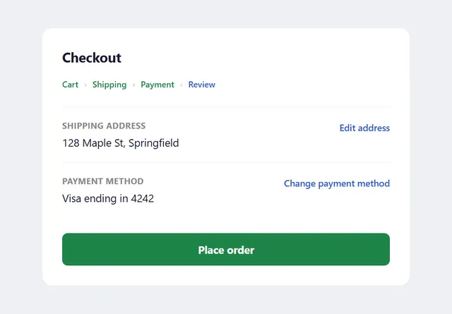A checkout flow's Payment step showing the shipping address and stored payment method inline, each with its own "Edit address"/"Change payment method" link, directly above the "Place order" button