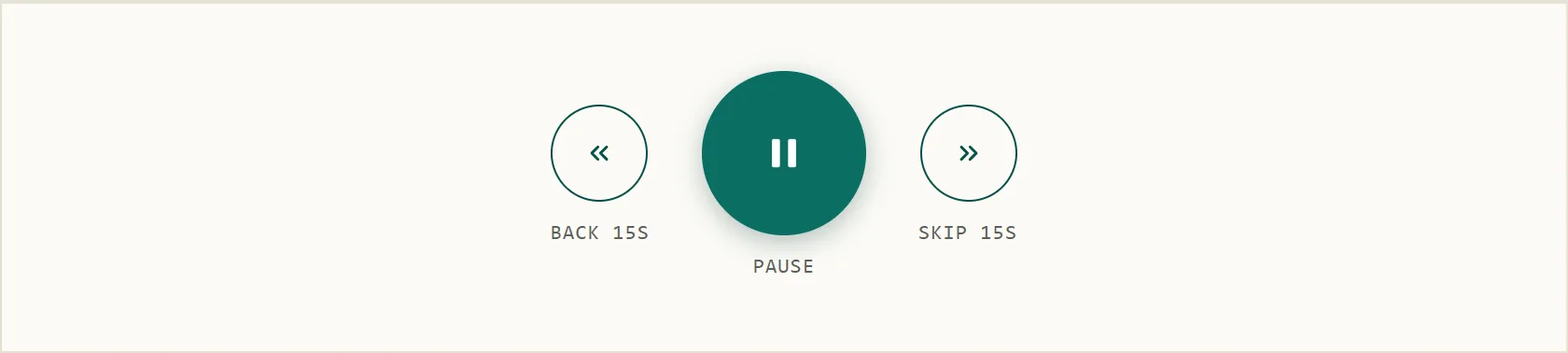 A media-player control cluster of three related buttons: two smaller outlined circular buttons, "Back 15s" and "Skip 15s," flanking one larger filled teal circular "Pause" button