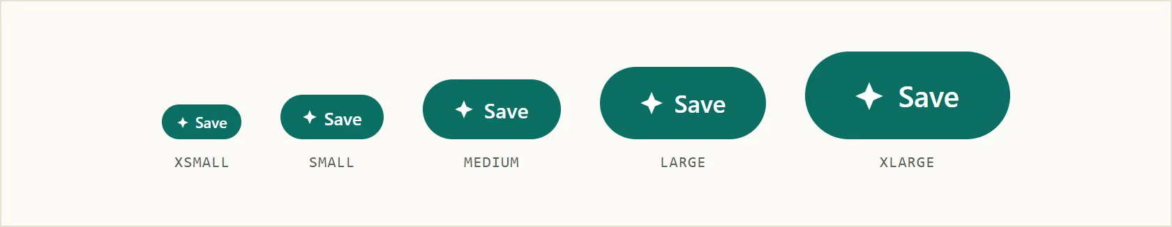 Five button sizes shown at the same scale, from xsmall to xlarge, each holding a "Save" label with a leading icon