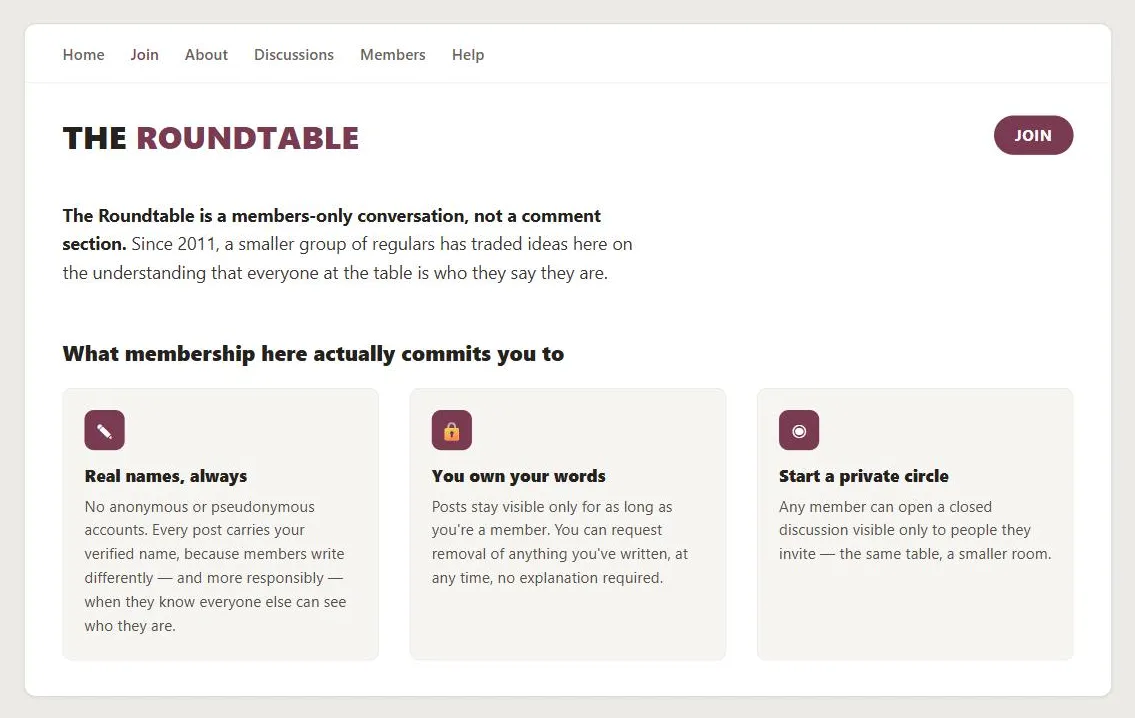 A fictional community site's "Join" page for "The Roundtable." Below a Home/Join/About/Discussions/Members/Help nav bar, the logo sits beside a maroon "Join" pill button, above an intro line: "The Roundtable is a members-only conversation, not a comment section. Since 2011, a smaller group of regulars has traded ideas here on the understanding that everyone at the table is who they say they are." Below a "What membership here actually commits you to" heading, three cards each pair an icon with a bold title and a short explanation: "Real names, always" (no anonymous or pseudonymous accounts), "You own your words" (posts removable on request at any time), and "Start a private circle" (any member can open a closed, invite-only discussion).