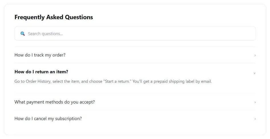 A FAQ page with a search box at the top and a list of question rows below, one of them ("How do I return an item?") expanded to show its answer text while the others stay collapsed