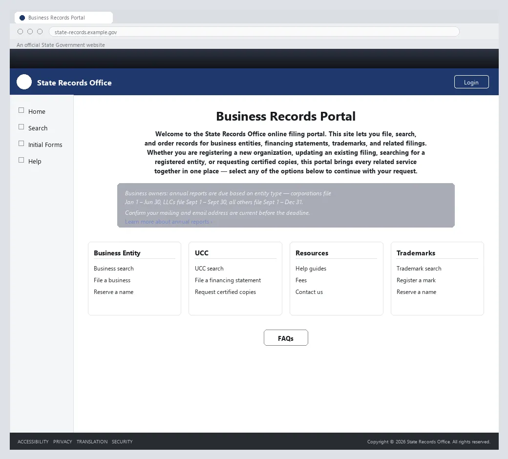 A fictional "Business Records Portal" government page: a long, centered, unbulleted instructional paragraph under the title, a gray info box containing a low-contrast blue link, four card sections (including an unexplained "UCC" heading) whose list items are plain black text rather than styled as links, and no prominent primary call-to-action button — only a small secondary "FAQs" button