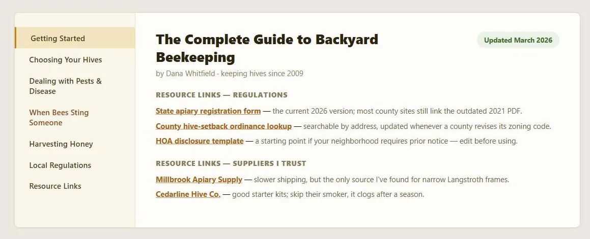 A fictional personal site, "The Complete Guide to Backyard Beekeeping," by Dana Whitfield, with a green "Updated March 2026" pill next to the title. A left sidebar lists topic categories including Getting Started, Choosing Your Hives, Dealing with Pests & Disease, "When Bees Sting Someone," Harvesting Honey, Local Regulations, and Resource Links. The main panel shows two grouped, annotated link lists under "Resource Links — Regulations" and "Resource Links — Suppliers I Trust," each link followed by a one- or two-sentence editorial note, e.g. "State apiary registration form — the current 2026 version; most county sites still link the outdated 2021 PDF."