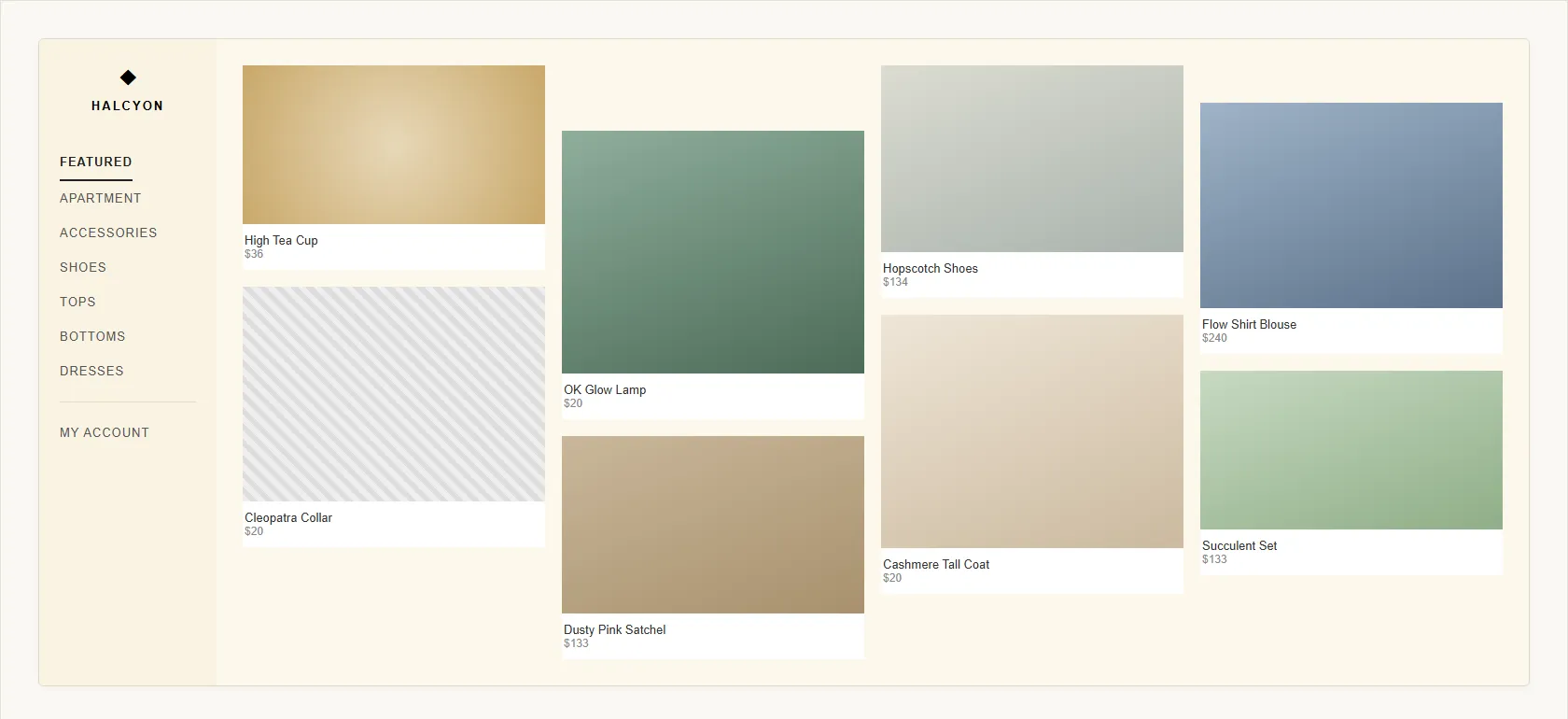 A boutique homepage, "Halcyon," with a sidebar of category links and eight product cards. The four columns start at inconsistent heights and use different image sizes, so the cards cascade into an uneven, broken-looking arrangement with no consistent row.