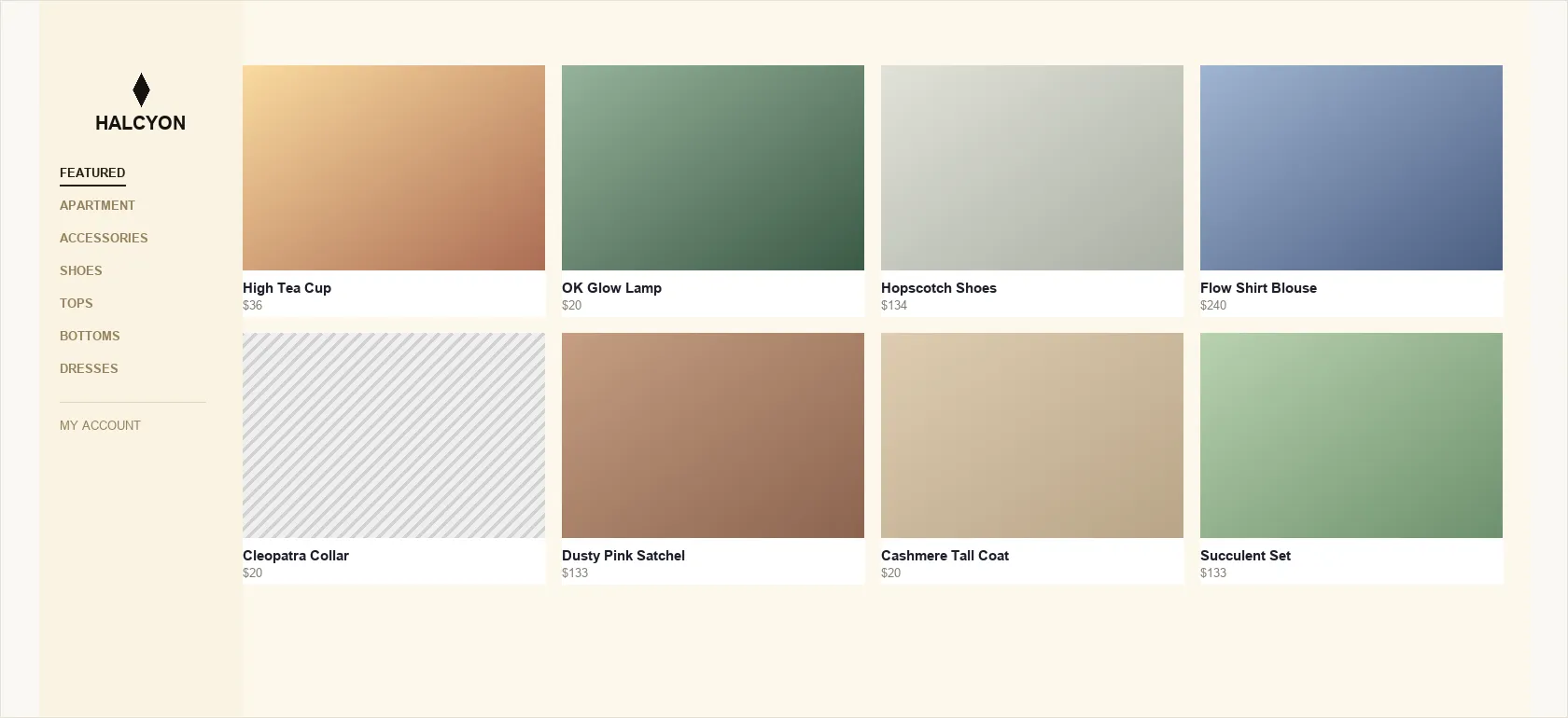 The same Halcyon homepage, same sidebar, same eight products and prices, now arranged in two aligned rows of four equal-size cards sharing the site's own four-column grid.