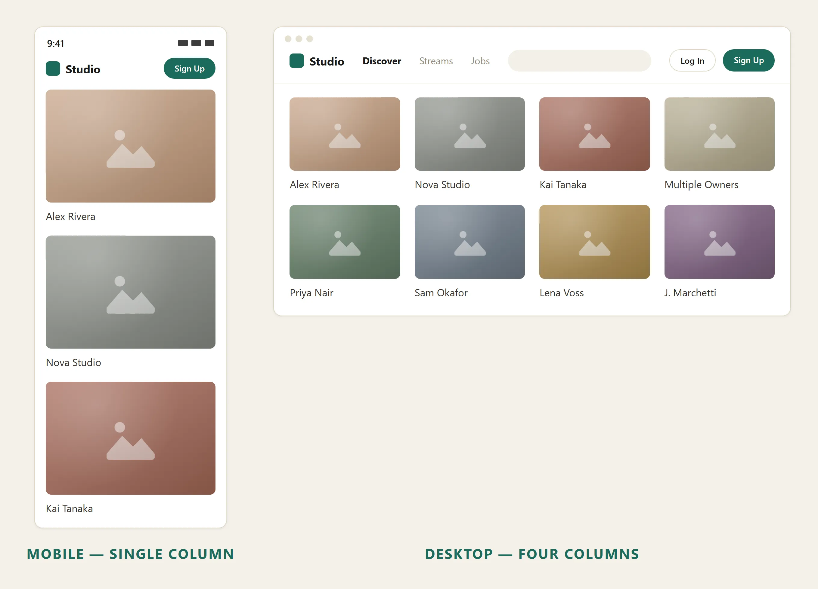 Two versions of the same site: a narrow mobile view showing a single stacked column of cards, and a wide desktop view showing the same content reflowed into a four-column grid