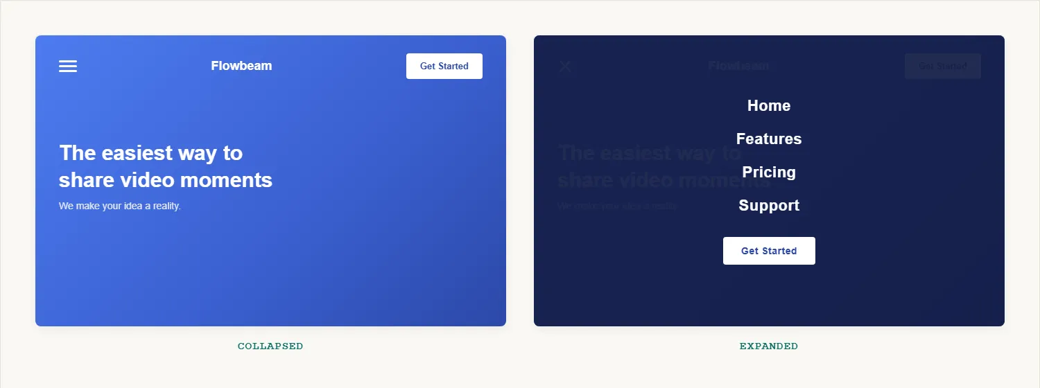 Two versions of the same app header: on the left, a collapsed header showing only a hamburger icon, logo, and "Get Started" button; on the right, the hamburger icon has become a close icon and a full-screen dark overlay lists Home, Features, Pricing, Support, and a Get Started button