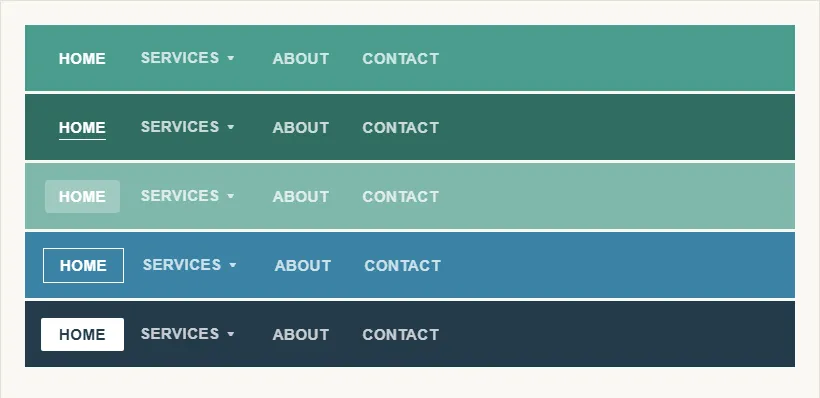 Five stacked navigation bars, each a different color from teal through navy, each showing the "Home" item styled differently to signal its active/hovered state: bold weight alone, bold with an underline, bold with a light highlight box, bold with an outlined box, and bold with a solid filled box