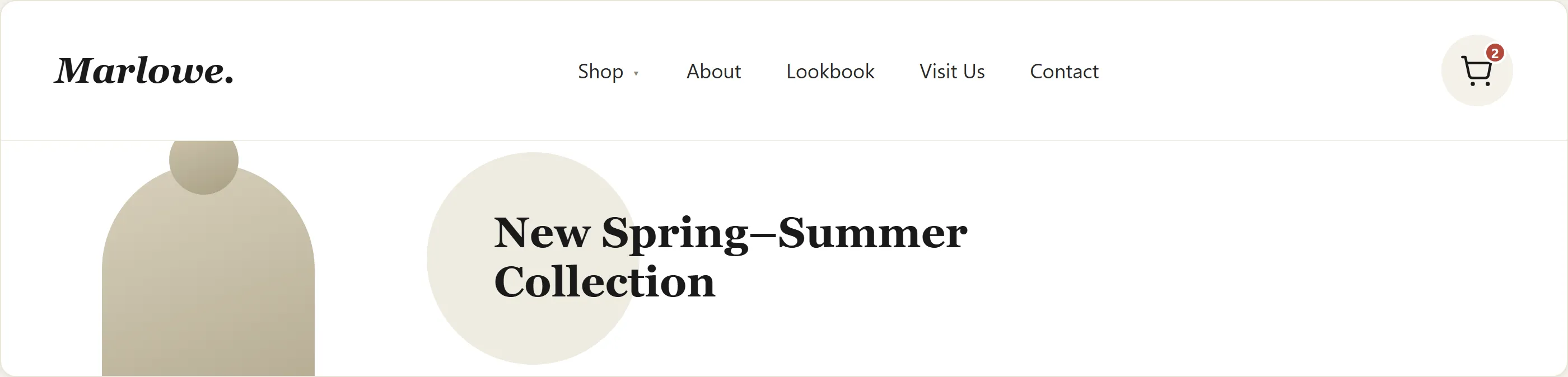 A fashion-site header with a centered navigation bar (Shop, About, Lookbook, Visit Us, Contact) and a shopping-cart icon at the far right, above a hero promoting a seasonal collection