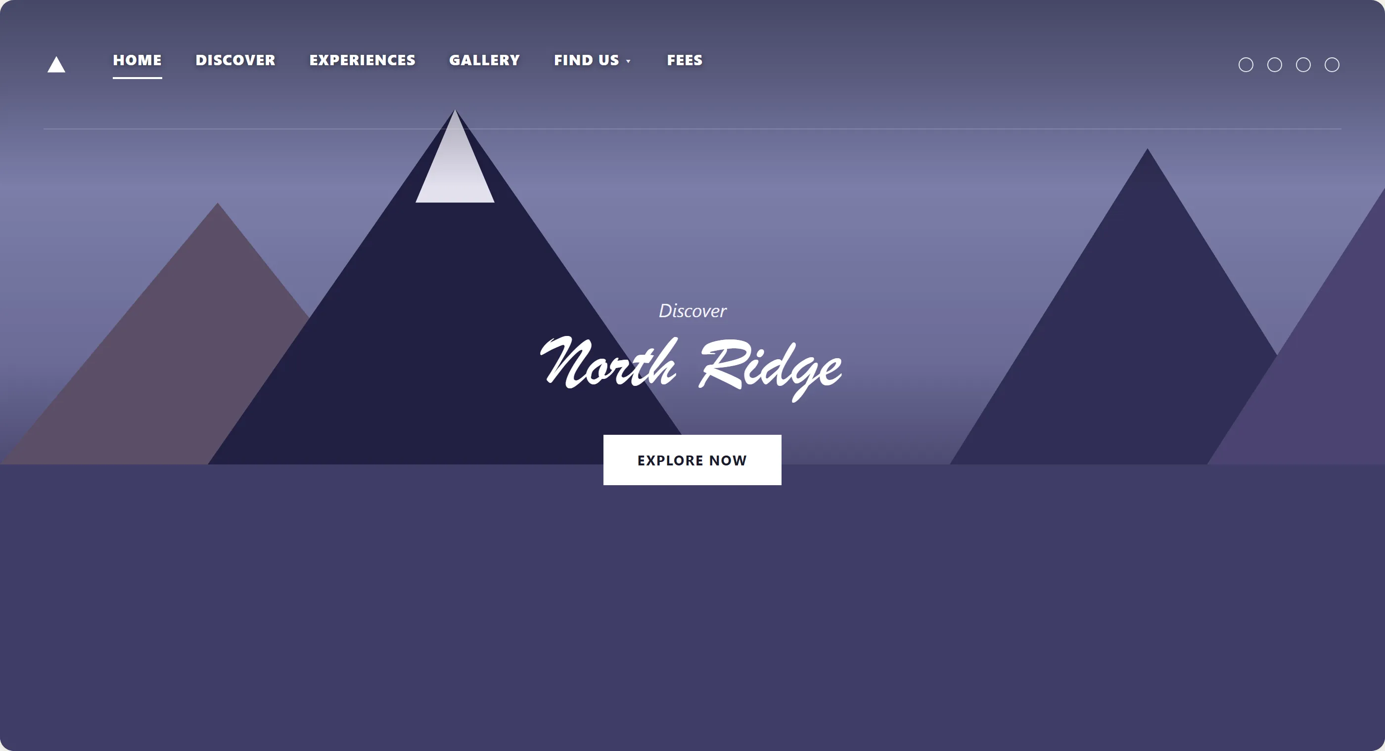 A travel site header with no background of its own, overlaid directly on a stylized purple mountain-range hero image; nav links and a "Discover North Ridge" headline sit on top of the image in white text