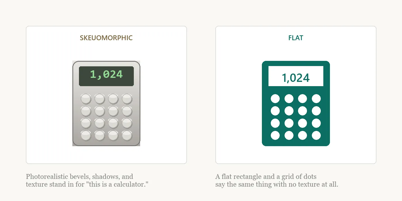 Two calculator app icons side by side: on the left, labeled SKEUOMORPHIC, a photorealistic metallic device with a beveled button grid and a dark LCD-style screen reading "1,024"; on the right, labeled FLAT, a solid teal rounded rectangle with a plain white screen and a grid of plain white circles for buttons, showing the same "1,024"