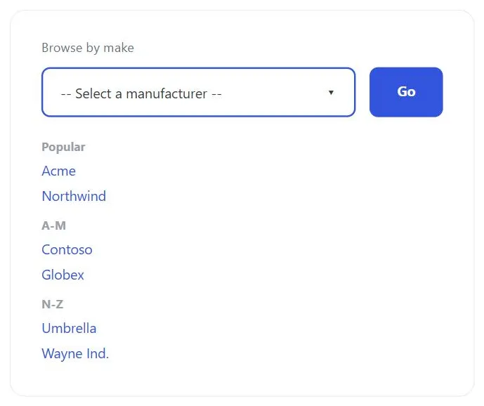 A "Browse by make" jump menu: a collapsed pick list showing "-- Select a manufacturer --" and a Go button, expanded below to show manufacturers grouped under Popular, A-M, and N-Z headings