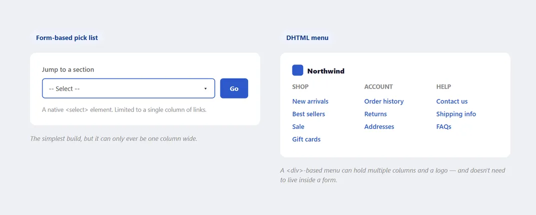 Two jump-menu implementations side by side: the left, labeled "Form-based pick list," shows a single native select with a "Go" button; the right, labeled "DHTML menu," shows a three-column flyout with a small logo, headed Shop/Account/Help