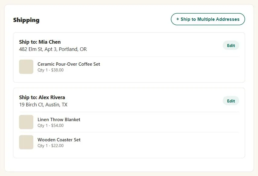 A "Shipping" checkout step with a "+ Ship to Multiple Addresses" action button in the top right, and two destination groups below it: "Ship to: Mia Chen" with one item, and "Ship to: Alex Rivera" with two items, each group carrying its own Edit action button