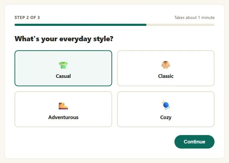 A "Step 2 of 3" preference-interview screen reading "What's your everyday style?" with four icon-labeled option cards — Casual (selected), Classic, Adventurous, and Cozy — a progress bar, a "Takes about 1 minute" time estimate in the top right, and a "Continue" button