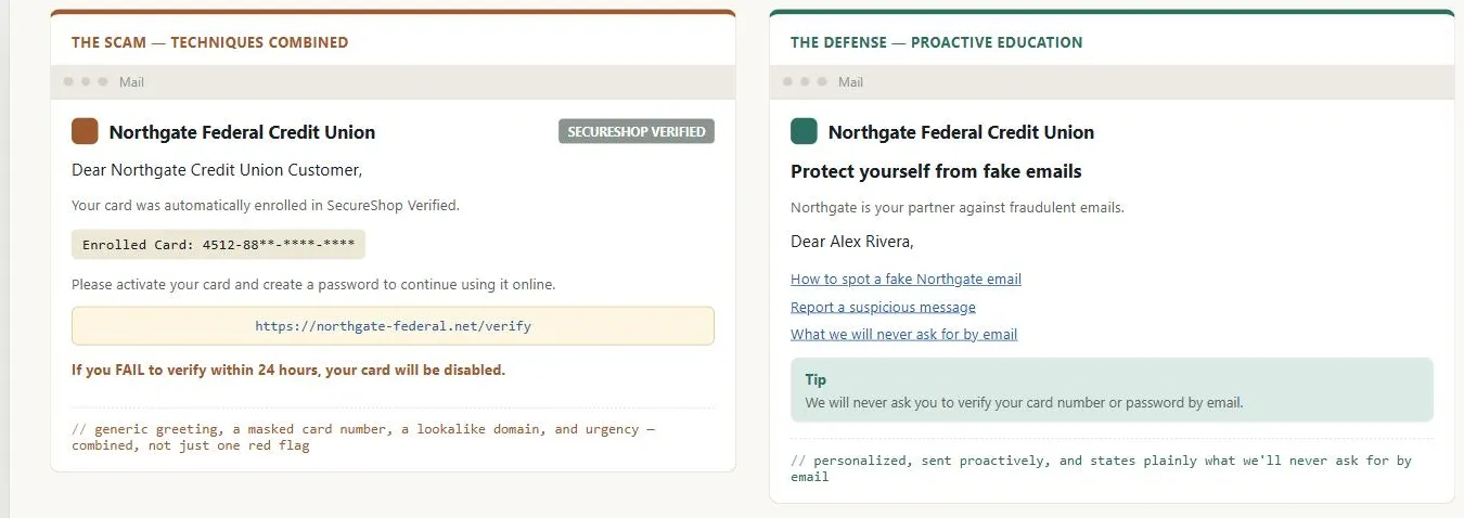 Two fictional "Northgate Federal Credit Union" emails side by side. Left, labeled "The scam — techniques combined": a generic "Dear Northgate Credit Union Customer" greeting, a "SecureShop Verified" badge, a masked "Enrolled Card: 4512-88**--" line, a lookalike link "https://northgate-federal.net/verify," and a bolded 24-hour verify-or-be-disabled threat — annotated "generic greeting, a masked card number, a lookalike domain, and urgency — combined, not just one red flag." Right, labeled "The defense — proactive education": a "Protect yourself from fake emails" headline, a personalized "Dear Alex Rivera" greeting, three links ("How to spot a fake Northgate email," "Report a suspicious message," "What we will never ask for by email"), and a highlighted tip reading "We will never ask you to verify your card number or password by email" — annotated "personalized, sent proactively, and states plainly what we'll never ask for by email."