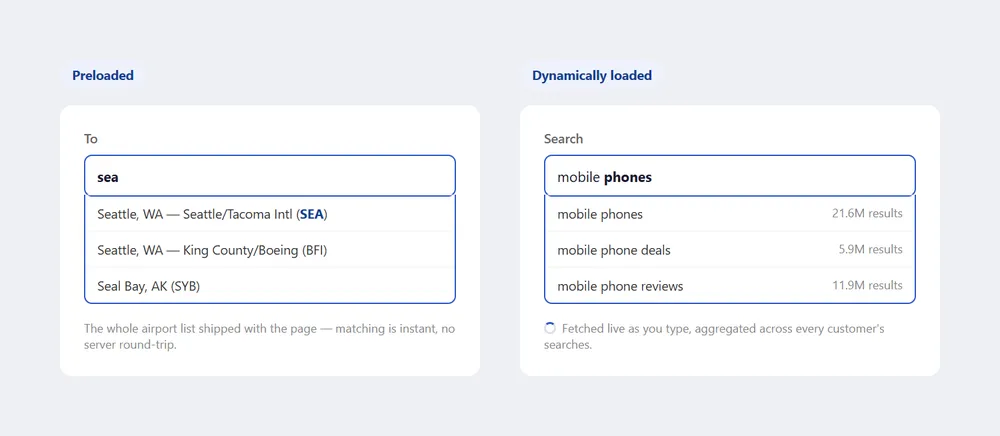 Two "To"/"Search" fields side by side: the left, labeled "Preloaded," shows a city field matching "sea" against a small bounded airport list; the right, labeled "Dynamically loaded," shows a search field with a result count next to each suggestion and a small spinner beside the note below explaining the results are fetched live