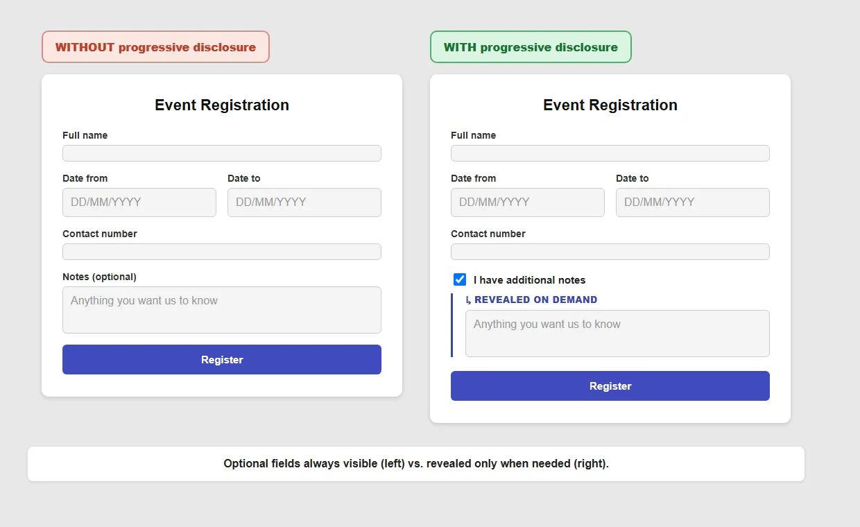 Two "Event Registration" forms: on the left, a "Notes (optional)" field is always visible; on the right, the same field is gated behind an "I have additional notes" checkbox and revealed only on demand