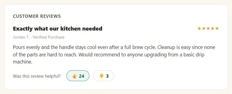 A single customer review titled "Exactly what our kitchen needed" with a five-star rating, a "Jordan T. · Verified Purchase" byline, review text, and a "Was this review helpful?" row with a selected 👍 24 vote button and an unselected 👎 3 vote button