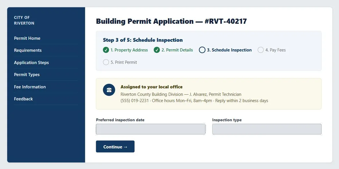 A fictional "City of Riverton" building permit application, #RVT-40217. A dark-blue sidebar lists Permit Home, Requirements, Application Steps, Permit Types, Fee Information, and Feedback. The main panel shows a step tracker reading "Step 3 of 5: Schedule Inspection," with steps 1 (Property Address) and 2 (Permit Details) marked complete with green checkmarks, step 3 shown as the current step, and steps 4 (Pay Fees) and 5 (Print Permit) still pending. Below it, a highlighted box reads "Assigned to your local office: Riverton County Building Division — J. Alvarez, Permit Technician, (555) 019-2231, office hours Mon–Fri 8am–4pm, reply within 2 business days," followed by two form fields for a preferred inspection date and type, and a "Continue" button.