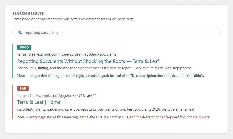 Two search-result listings for the same fictional page on terraandleaf.example.com, labeled Good and Bad. The good listing: URL terraandleaf.example.com › care-guides › repotting-succulents; title "Repotting Succulents Without Shocking the Roots — Terra & Leaf"; description "The soil mix, timing, and the one root sign that means it's time to repot — a 5-minute guide with step photos." The bad listing: URL terraandleaf.example.com/page?id=4471&cat=12; title "Terra & Leaf | Home"; description "succulents, plants, gardening, care, tips, repotting, buy plants online, best succulents 2026, plant care, terra, leaf."