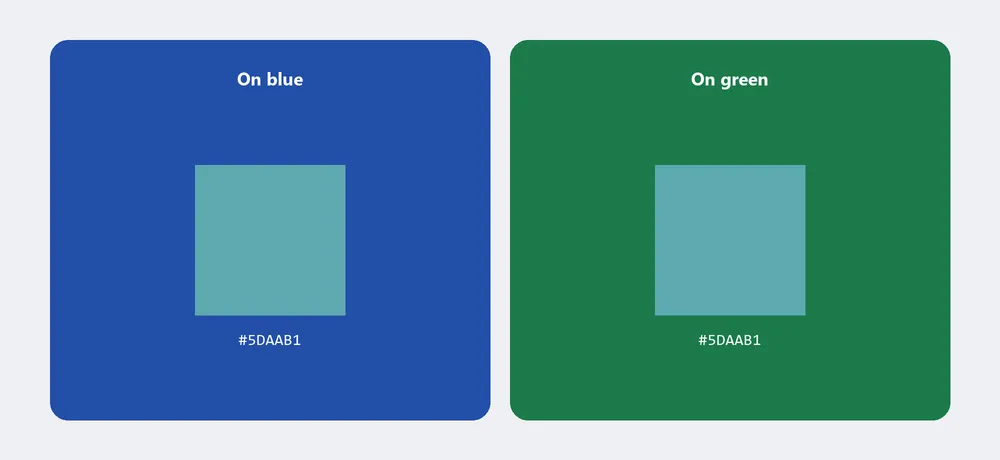 Two panels, one filled solid blue and one filled solid green, each with an identical teal square labeled #5DAAB1 centered on it: the square on the blue panel reads noticeably greener, the same square on the green panel reads noticeably bluer