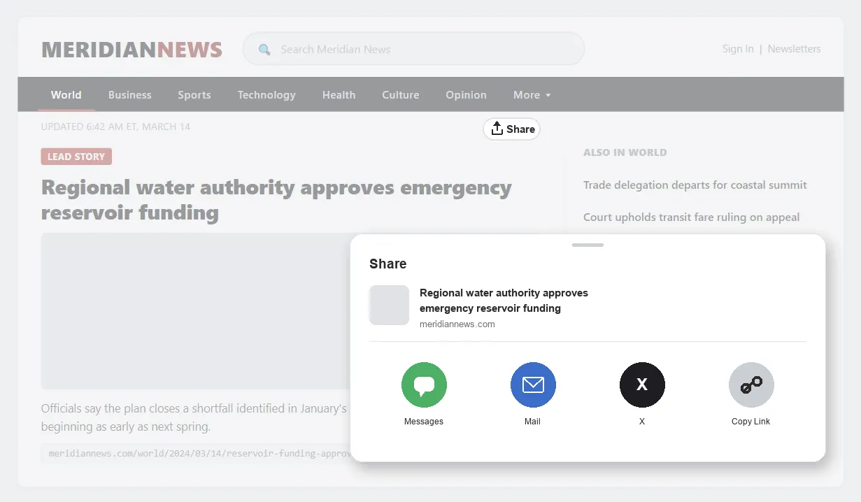 A news article's byline row with a "Share" button open, overlaying a system share sheet on the page: a preview of the article's headline and URL, followed by four destination icons — Messages, Mail, X, and Copy Link.