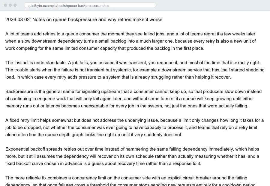 A fictional technical blog post rendered as one undifferentiated column of same-size, same-weight text running almost edge-to-edge in the browser, with no headings, no bold text, no lists, and only plain paragraph breaks separating otherwise identical blocks of text — the title is barely distinguishable from the body text below it